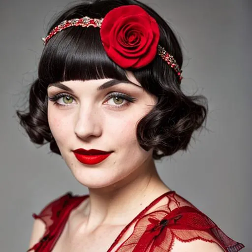 Prompt: 1920s Flapper with red rose flower headpiece 
