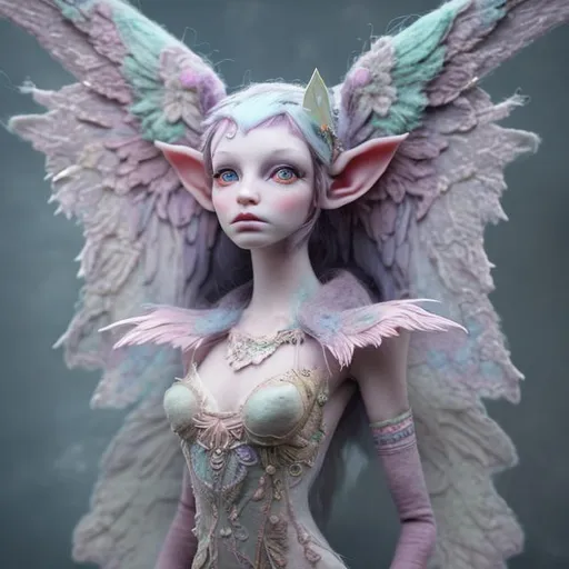 Prompt: needle-felted elf, wings, pastel colors, intricate details, insane details, volumetric lighting
