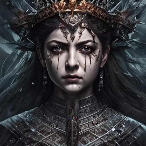 Prompt: Beautiful queen of swords detailed face full body hyper realistic extremely detailed dark cinematic UHD