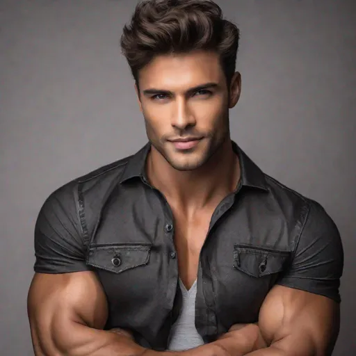 Prompt: Professional full-body photoshoot of a gorgeous, muscular, male model, wearing a short-sleeve button-up shirt and black jeans, flexing his biceps, hyperdetailed {symmetrical eyes}, {defined shredded musculature, broad shoulders}, {sultry romantic}, smile,  center frame, studio light, intricate detail, best quality, uhd, 8k, symmetry  
