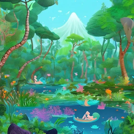 Prompt:  a full lively forest with many trees but has a small lagoon with a mermaid sitting on a rock tail in the water relaxing 