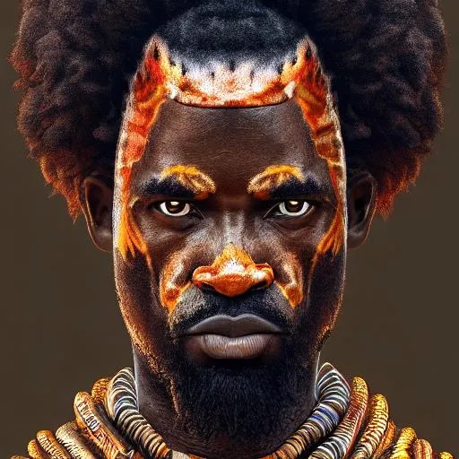 Prompt: Portrait of a strong Africa man with  fire coming from his eyes, wearing animal skin with a land and water background, perfect composition, hyperrealistic, super detailed, 8k, high quality, trending art, trending on artstation, sharp focus, studio photo, intricate details, highly detailed,