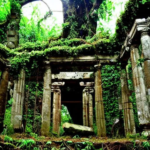 Prompt: ancient temple ruin overgrown with vines and roots.