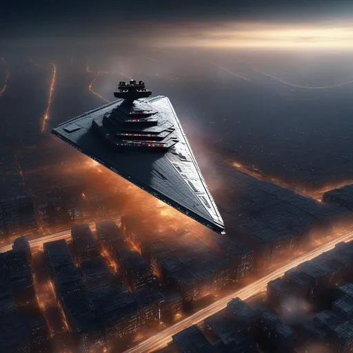 Prompt: A Star Destroyer from Star Wars movies, above the city, Hyperrealistic, sharp focus, Professional, UHD, HDR, 8K, Render, electronic, dramatic, vivid, pressure, stress, nervous vibe, loud, tension, traumatic, dark, cataclysmic, violent, fighting, Epic