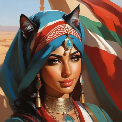 Prompt: Arab catgirls, Syrian flag, cartoony style, extremely detailed painting by Greg Rutkowski and by Henry Justice Ford and by Steve Henderson 