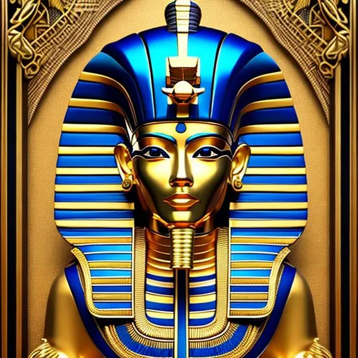 Prompt: Create a detailed illustration of the King Tut mask, made of solid gold with a serene expression, almond-shaped eyes outlined in black, and a nemes headdress with a cobra emblem. The forehead features a vulture and a cobra forming a protective arch, while the neck is decorated with a broad collar with a falcon-headed scarab. The ears have gold earrings with a hoop and a uraeus. The illustration should capture the opulence and grandeur of the pharaoh.