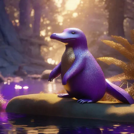 Prompt: Enchanted purple and light brown two-tone platypus in the Fairyland Forest, Sitting upright on hind legs, Perched like a bird, with arms in a comfortable position, Furry, close-up, textured, Faded, game icon, bright colors, surrealism, golden hour sun lighting, Hyperrealistic textures, intricate details, architectural visualization, Corona render, 8k