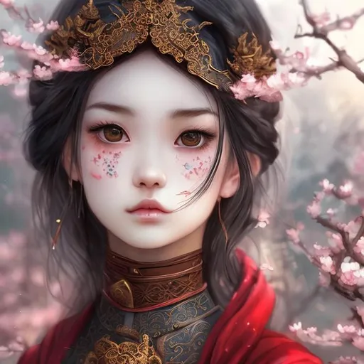 Prompt: gorgeous oriental woman ninja, red dress, tender beautiful face, cute face, dark hair, detailed skin, watercolor, stunning, historical clothes, stunning oriental clothes, national clothes, mid shot, oriental town, blowing sakura, tender cozy lightning, beautiful, cute, detailed face, 3dart, pixar trend, best quality, unreal engine, cozy lighting, intricate details, detailed drawing, atmospheric, best quality, unreal engine, cozy lighting, detailed digital painting, cinematic, hyper realistic, trending on artstation, aesthetic, inspirational, cartoon, illustration, deviantart