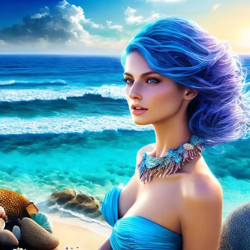 Prompt: HD 4k 3D 8k professional modeling photo hyper realistic beautiful woman ethereal greek goddess of wisdom Ocean nymph
blue hair blue eyes gorgeous face light skin shimmering dress with fish scales seashell jewelry full body surrounded by magical glowing light hd landscape background laying in ocean on beach on rocks