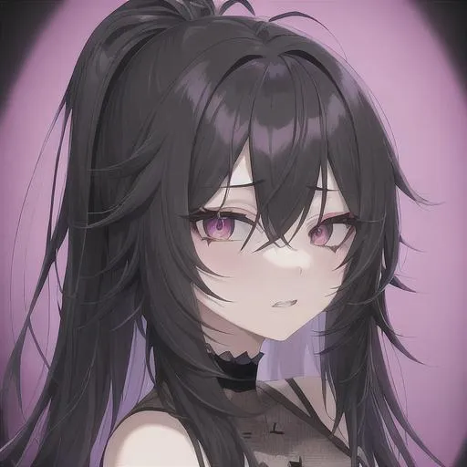 Cute anime girl with long messy black hair and blue-purple eyes