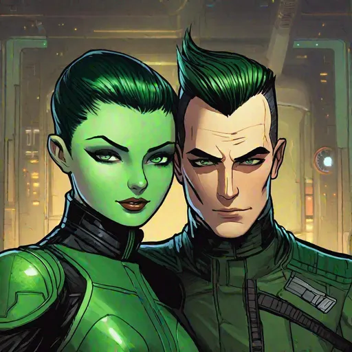 Prompt: A male scifi pilot with very short slicked back brown pompadour undercut hair and shaved sides, futiristic fully dark entirely jet black leather jacket. green eyes, hugging A green skinned scifi green female, woman with green skin, short black bob hair, uniform. she has green skin. well drawn green face. detailed. green girl, the femme is green, mujer has green skin, green character, green race, detailed. her skin is green, her skin colour is green, star wars art. 2d art. 2d, 