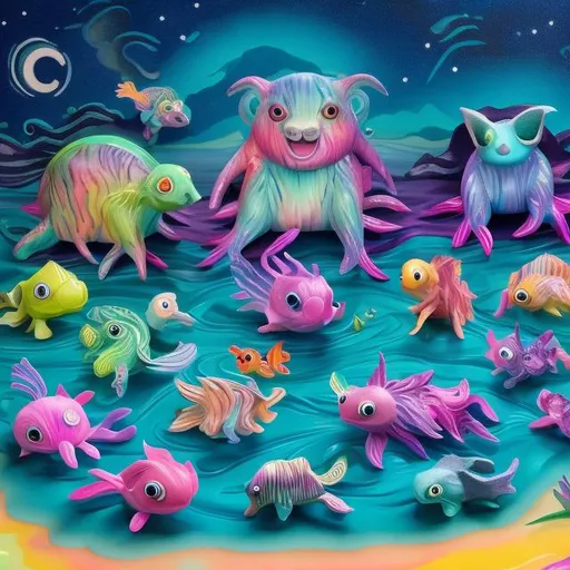 Prompt: Lisa frank style creatures in the ocean at night diorama