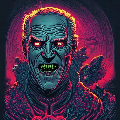 Prompt: Hypnotic illustration of vampire, dark and dirty and evil Joe Biden with fangs , hypnotic psychedelic art, pop surrealism, dark glow neon paint, mystical, Behance 