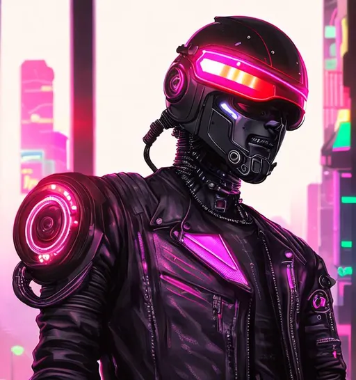 Prompt: portrait of a main character, wearing a motorcycle helmet with leds Cyberpunk, Augmented, Cybernetic, Dystopian, Synthwave, Vaporwave, Blade Runner, Cyberpunk 2077,