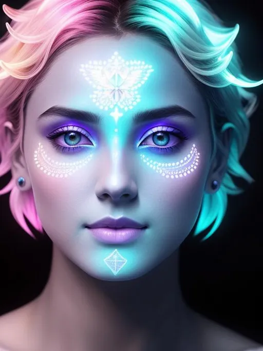 Prompt: handsome and gorgeous angel with short hair, intense and beautiful eyes and beautiful nose, thin fractals rainbow-piezoluminescent face tattoo, by greg rutkowski and artgerm and emile vernon, etheral, bioluminescence, muted colors, pastels, expressive, high detail, five fingers, symmetrical eyes, hyperrealistic, intricate artwork, symmetrical, digital painting, dynamic lighting, artstation, digital painting, artstation, cinematic lighting, intricate artwork, dreamlike, symmetrical, emitting diodes, smoke, artillery, sparks, racks, system unit, motherboard, sharp focus, emitting diodes, smoke, artillery, sparks, racks, system unit, motherboard, by pascal blanche rutkowski repin artstation hyperrealism painting concept art of detailed character design matte painting, 8k resolution blade runner