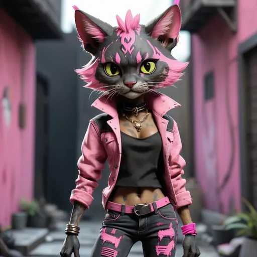 Prompt: Tabaxi wearing acid-washed Jeans, colors are shades of black and pink, looking like a bad girl, best quality, masterpiece