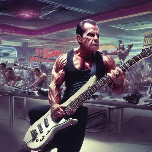 Prompt: Bodybuilding Richard Nixon, playing guitar for tips in a busy alien mall, widescreen, infinity vanishing point, galaxy background