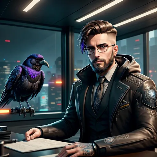 Prompt: cyberpunk raven perched nearby, male ARDEN STENFIELD with glasses, short brown hair,  light stubble beard , wearing a nice suit, sitting at a desk, symmetrical, perfect composition, hyperrealistic, super detailed, 8k, high quality, Splash art, front, epic Instagram, artstation, hyperdetailed intricately detailed, unreal engine, intricate detail, splash screen, complementary colors, concept art, 8k, heavy strokes, splash arts, full height, full body focus