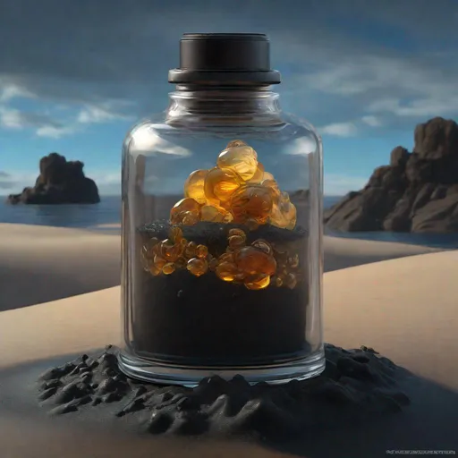 Prompt: A healthpotion in a fancy vial, half-burried, dirty with black sand and tar and oil, laying in the black sand of an oil lake, inside, cave, low-lighting, art by Stanley Lau and Artgerm and magali villeneuve and Alphonse Mucha, artstation, octane render, cgsociety, HDR, UHD, 64k, best quality, best quality, masterpiece:1.5)
