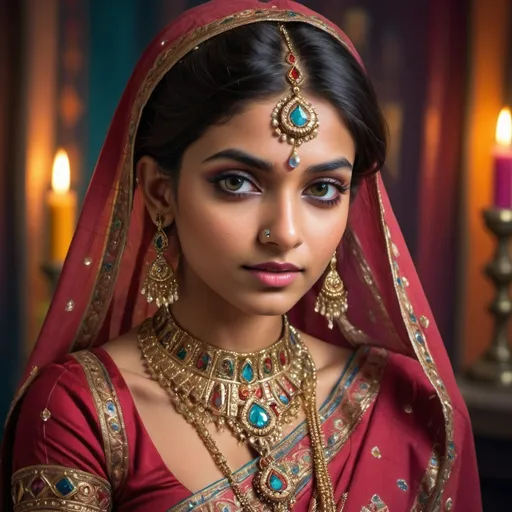 Prompt: Beautiful Indian female in traditional attire, intricate jewelry, elegant sari, fantasy RPG game style, enchanting femme fatale, high quality, vibrant colors, detailed embroidery, mystical atmosphere, ornate accessories, intricate makeup, fantasy RPG, traditional Indian, vibrant colors, detailed jewelry, arrogant gaze, mystical lighting