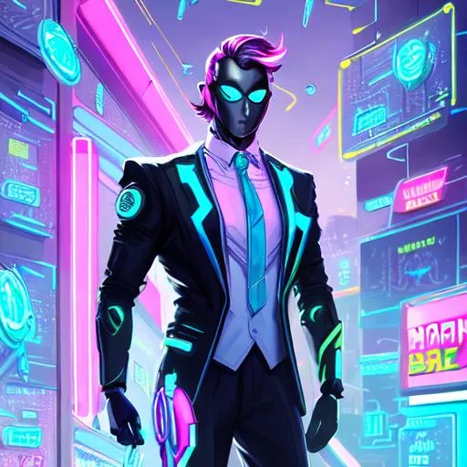 Prompt: A highly detailed concept art of a superhero in a pastel neon scifi futuristic business scene featuring money flying everywhere.