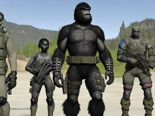Prompt: Genetically enhanced human-sasquatch hybrid soldier outfitted in full gear & with unique looking weapons standing next to a regular human soldier for comparison. 