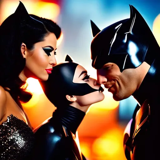 Prompt: Cat woman kissing bat man