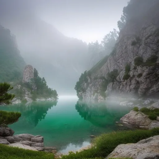 Prompt: Misty cliffs a lake surrounded by cliffs with small waterfalls that all fall into the lake this location is covered in mist