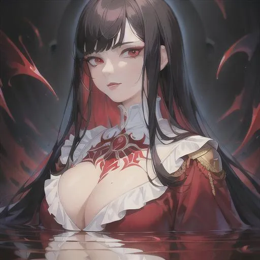 Prompt: (masterpiece, illustration, best quality:1.2), (floating in a blood filled pool), trimmed black hair, red eyes  wearing (white robe), best quality face, best quality, best quality skin, best quality eyes, best quality lips, ultra-detailed eyes, ultra-detailed hair, ultra-detailed, illustration, colorful, soft glow, 1 woman, mature woman