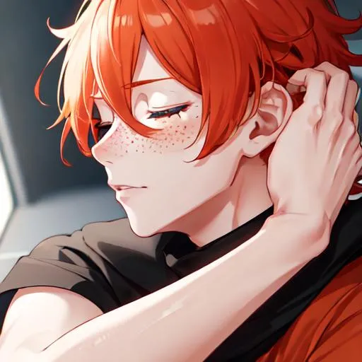 Prompt: Erikku male adult (short ginger hair, freckles, eyes closed) UHD, 8K, Highly detailed, insane detail, best quality, high quality,  anime style, 