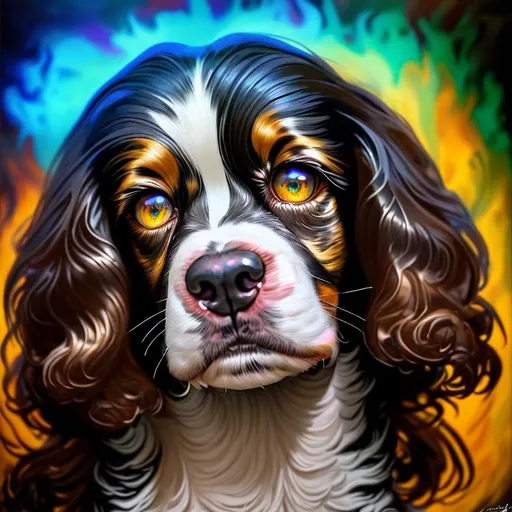 Prompt: Inky Epic Beautiful Liquid (Beautiful playful {Furry!! Springer Spaniel}Puppy plasma, Beautiful big reflective eyes, long flowing hair), expansive psychedelic background, ultra detailed full body artistic photography, detailed rugged Gorgeous detailed face, shadows, oil on canvas, brush strokes, ultra sharp focus, ominous, matte painting movie poster, golden ratio, epic, intricate, cinematic character render, hyper realistic, 64K --s98500