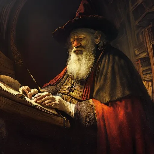 Prompt: A Rembrandt style painting of the sleeping wizard in a lost library