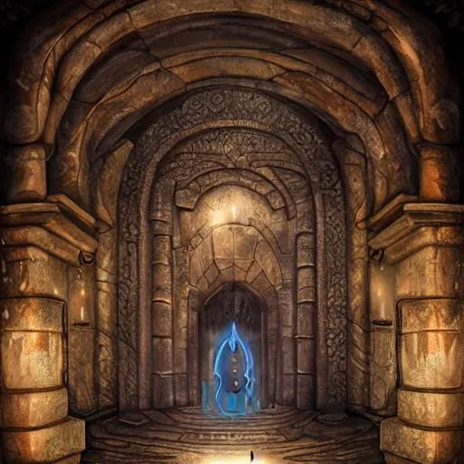 Prompt: magic gateway in an ancient vault, fantasy digital artwork, dim torch lighting, stone pillars, carved details in stone, altar in center of room, large room, artwork by ross tran