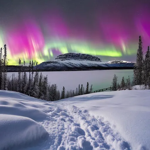 Prompt: A snowy landscape with northern lights reflecting in the snow