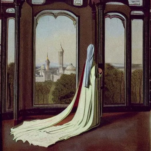 Prompt: A tall young woman, wearing beautiful long robes, looking at a palace in the distance. Her face is hidden by niqab.