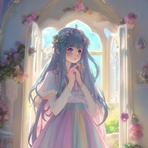 Prompt: anime art of a girl wearing pastel colorful long gown, soft lighting, standing in her castle, pastel colors, black long hair, looking through the window