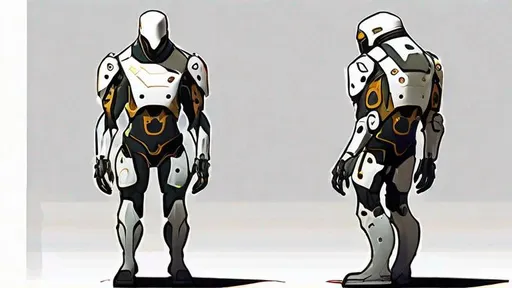 Prompt: male wearing cybernetic exoskeleton character design, concept design
sheet, white background, style of craig mullins