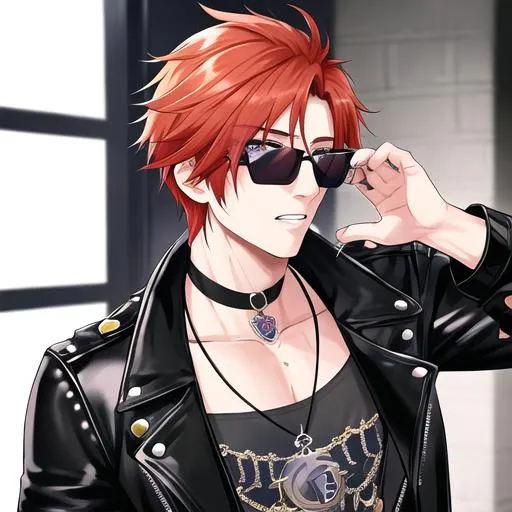 Prompt: Erikku male adult (short ginger hair, freckles, right eye blue left eye purple), highly detailed face, 8K, Insane detail, best quality, UHD, handsome, flirty, Highly detailed, insane detail, high quality. Hollywood, famous, leather jacket, tight ripped black jeans, black jewelry, black choker, actor, black sunglasses