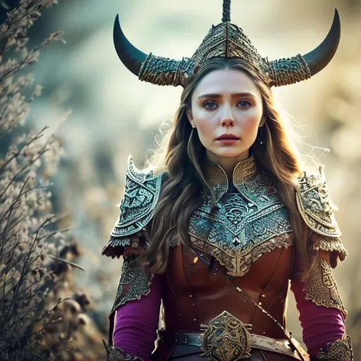 Prompt: unreal engine, masterpiece, tilt-shift technique, high quality full body photo of 
Elizabeth Olsen as a viking, warrior, wearing a double-horned helmet, and animal skin oc=ver shoulders, very highly detailed perfect form intricately painted, pink and white colours,  intricate exquisite face, realistic photo, high quality,  supermacro,, in perfect studio lighting, supermacro objective, with , best contrast, Greg Rutkovscky style, octane render
