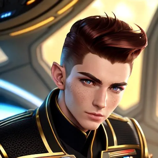 Prompt: A handsome freckled elven guy with a short chestnut slicked back pompadour undercut with ginger highlights and sideburns is sitting in a spaceship inspired by star wars and wearing a black retrofuturistic military space starfleet admiral uniform, star trek vibes, moles, beauty marks, serious demeanor by vladimir volegov and alexander averin and pierre auguste cot and delphin enjolras and peder mørk mønsted with a evil face and red light and shadow with a fire background.