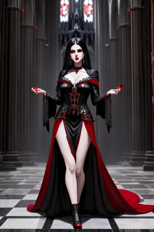 Prompt: full body shot of a beautiful woman, vampire, black hair, red eyes with black eye-shadow, red lips, vampire teeth, smirking, black medieval dress with red detailing, kissing a skull in her hand, skulls on the floor, corrupted cathedral background, highly detailed, splash art, Artstation, Greg rutkowski, cinematic lighting, detailed face, 8K, graceful, hd octane render