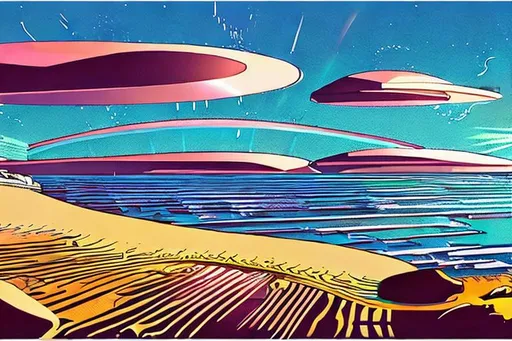 Prompt: Sunny sci Fi beach scene with city in background in the style of moebius 