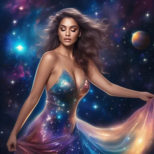 Prompt:  exquisit, hyper realistic, buxom, beautiful goddess with a stunning body, wearing a flowing, revealing, bright, Iridescent, glowing, sparkly, filmy gown, falling backwards through space, the stars, galaxies and nebulas, planets and shooting stars