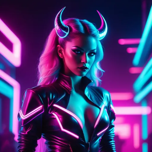 Prompt: a beautiful female demon in a dynamic pose in a retro futuristic synthwave cyberpunk neon paradise.  neon lighting, synthwave, cyber, retro, futuristic