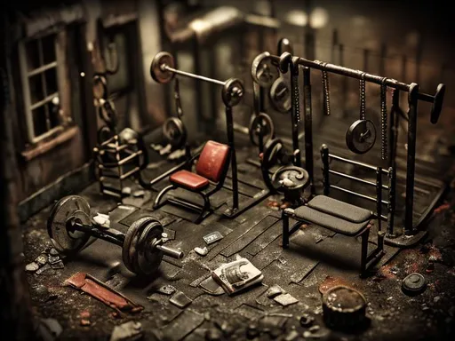 Prompt: Miniature gym diorama macro photography, gritty, ambient, atmospheric, oldschool
