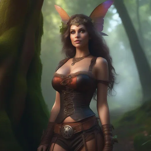 Prompt:  4k.  8k. Cinematic, Wide angle. Full body in shot. Hyper realistic painting. Concept art. matte painting. Detailed Illustration. photo realistic. A beautiful, buxom woman with broad hips. extremely colorful, bright eyes,  standing in a forest by a sleepy town. Shes a Steam Punk style witch, a Winged fairy, with a skimpy, very sheer, gossamer, flowing outfit. On a colorful, Halloween night. 