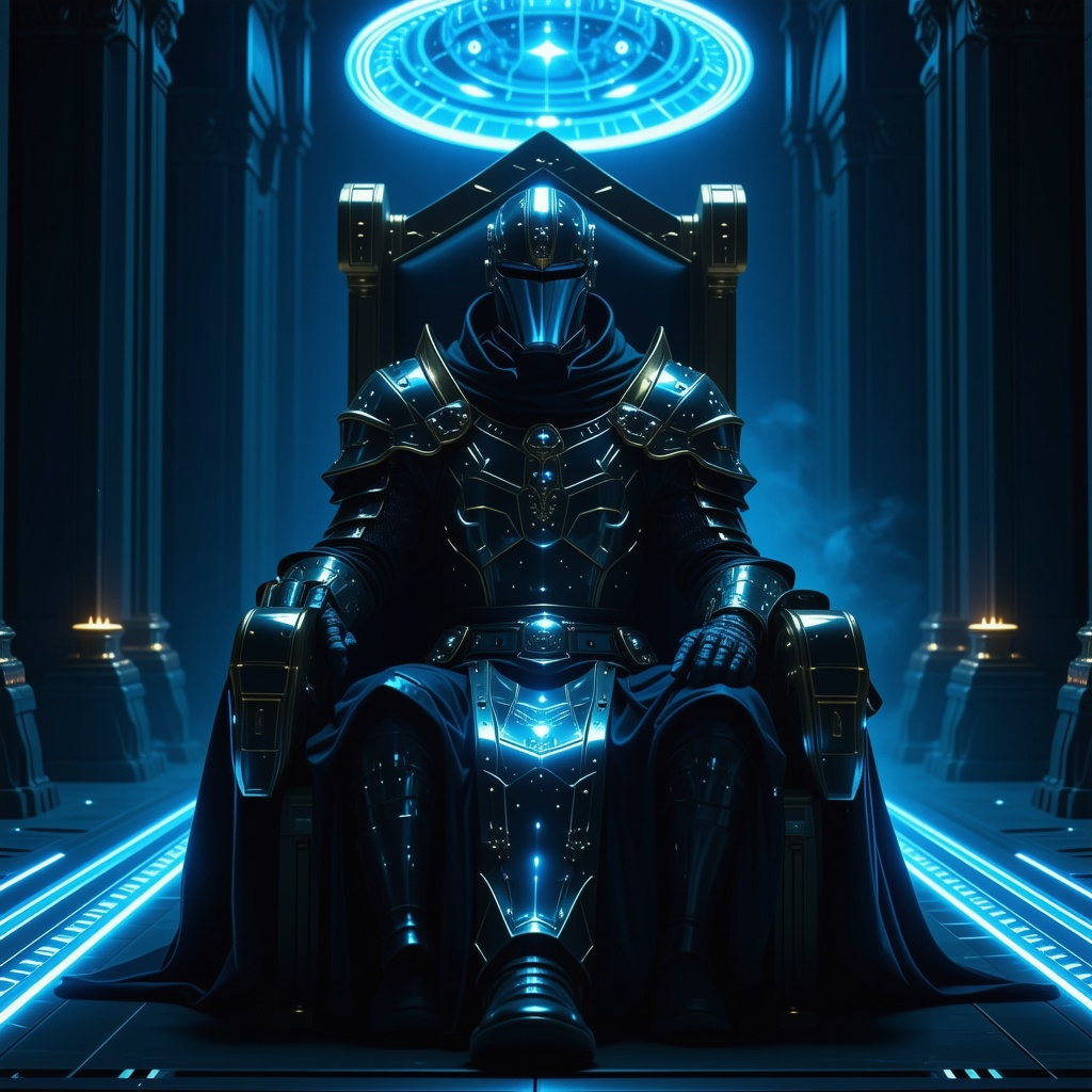 Lone ruler in futuristic ceremonial armor facing hol...