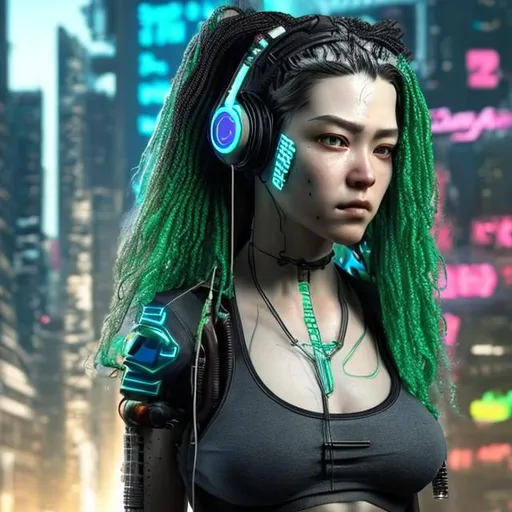 Prompt: hyper realistic extremely detailed cyberpunk woman.
She has green hair, headphones and a ninja mask

