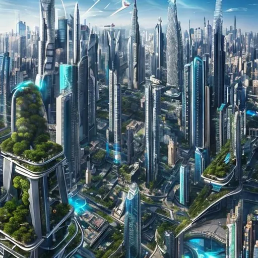 Prompt: In the year 3000, the futuristic cityscape is a mesmerizing blend of advanced technology, architectural marvels, and sustainable design. Towering skyscrapers, adorned with sleek, reflective surfaces, pierce the sky, reaching dizzying heights. The city is a harmonious fusion of nature and artificiality, with sprawling gardens, vertical forests, and hanging gardens adorning the sides of buildings, creating a stunning display of greenery amidst the urban environment.
