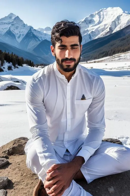 Prompt: full body portrait of a handsome rugged kashmiri boy, "sunlit kailash mountain", white kameez, "lost in god", meditating, "hyperreal detailed face","closed eyes", calm smile, snow, hyperreal, side angle, white, detailed, hyperreal, sitting, arena, perfect composition, hyperrealistic, super detailed, 8k, high quality, trending art, trending on artstation, sharp focus, studio photo, intricate details, highly detailed, by greg rutkowski

